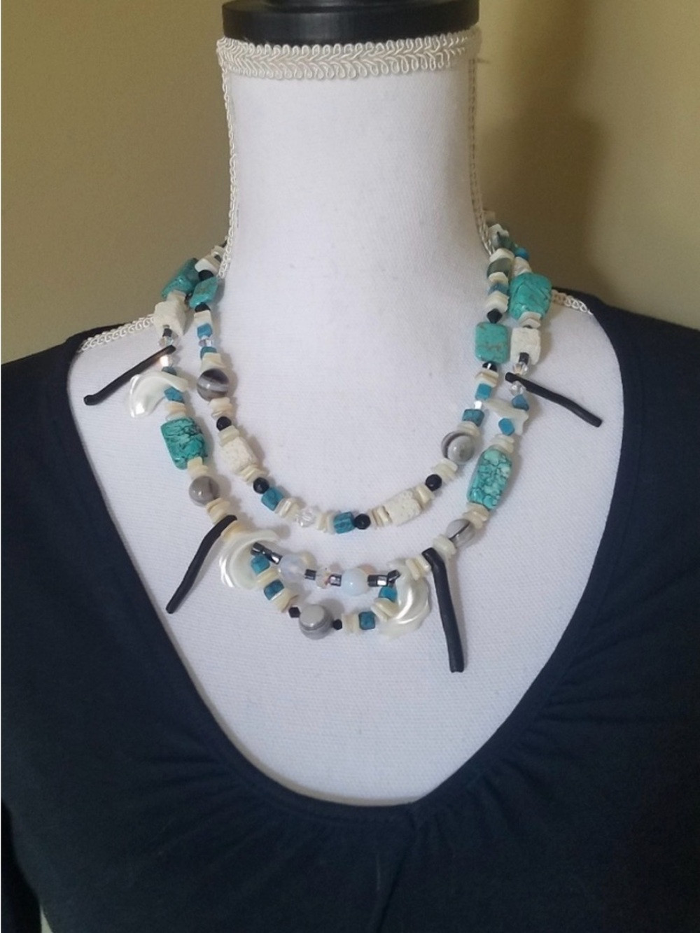 Swarovski Elements Genuine Turquoise Gemstone, Coral & MOP Shell Necklace NWT